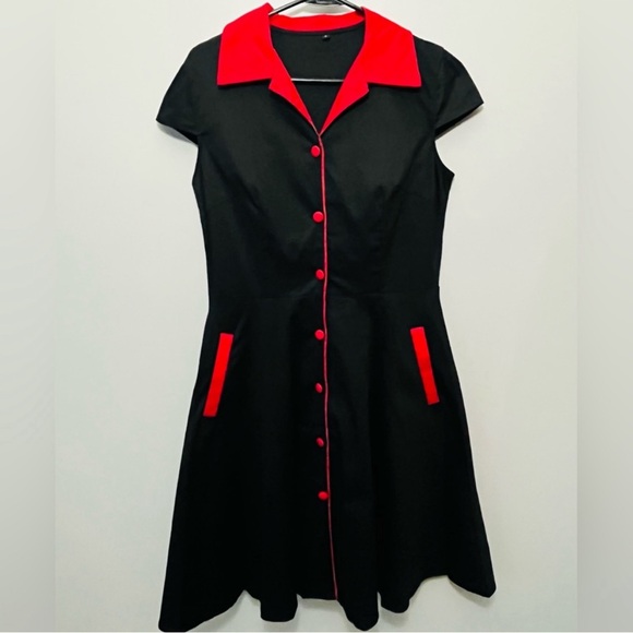 Retro Rockabilly Swing Dress Black Red Trim Pockets 50s Size Large 8-10 - Picture 3 of 10